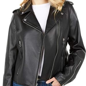 SAM Edelman Black Leather Biker Jacket With Ring Zipper Size Small